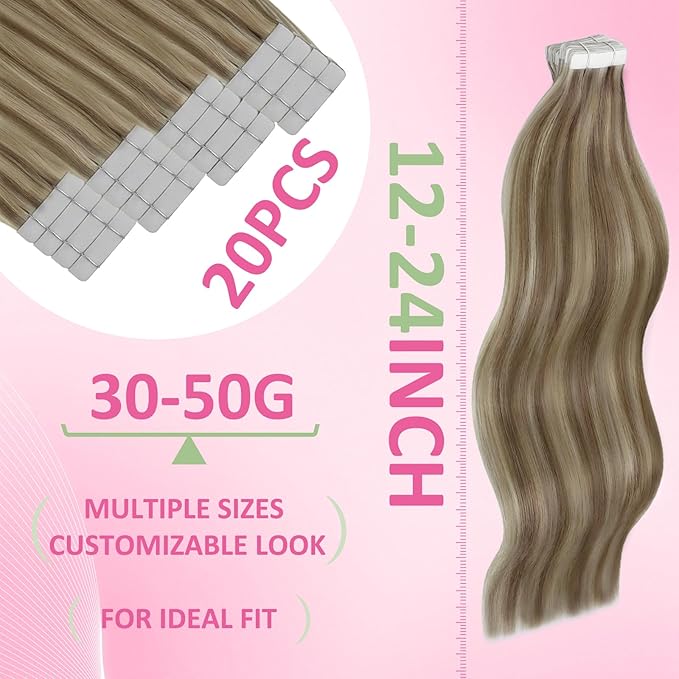 YoungSee Human Hair Tape in Extensions Highlights 20 Inch Tape Hair Extensions Real Human Hair Brown to Blonde Seamless Tape-in Natural Hair Extension Straight 20pcs 50g
