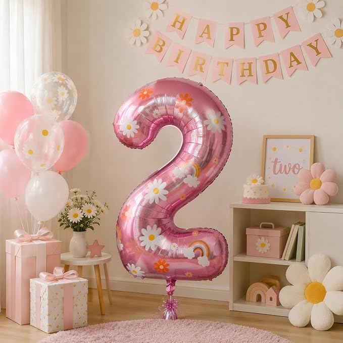 1st Birthday Daisy Balloon, 40 Inch Pink Number 1 Boho Party Decor | Daisy - Image 4