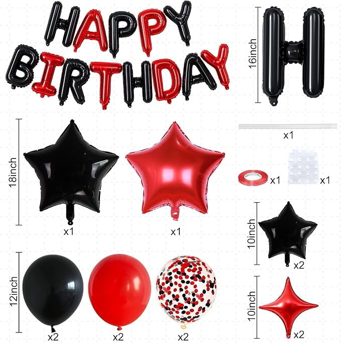 Happy Birthday Balloon Banner Red and Black, 16 Inch Mylar Foil Letter Balloons - Image 2