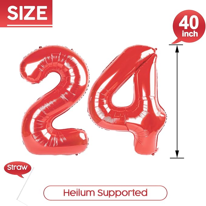 24 Balloon - Red Birthday Number Balloons, 40 Inch Decorations Men Women | Red - Image 5