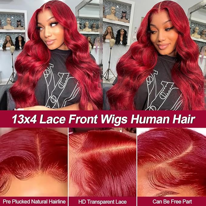 99J Burgundy Lace Front Wigs Human Hair 200% Density 13X4 Body Wave Lace Frontal Wigs for Women Glueless HD Red Wigs Human Hair Pre Plucked with Bleached Knots Natural Hairline 22 Inch