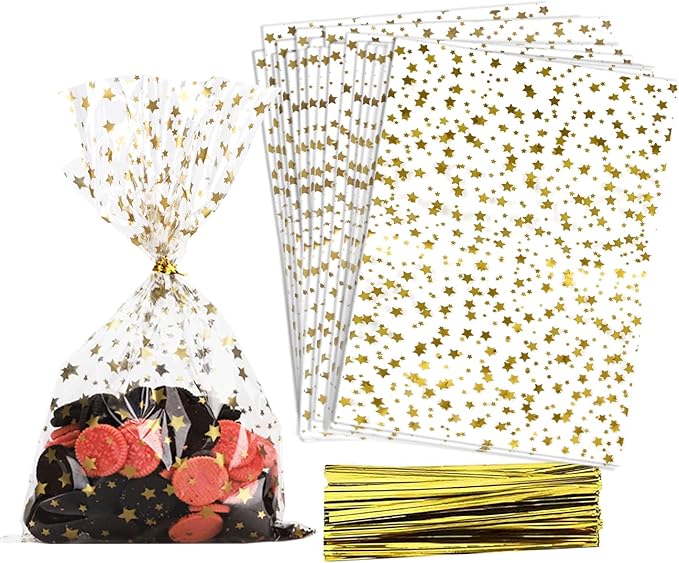 100 Pcs Star Printed 4"X6" Gift Wrap Cello Cellophane Treat Bags Party Favor by COQOFA