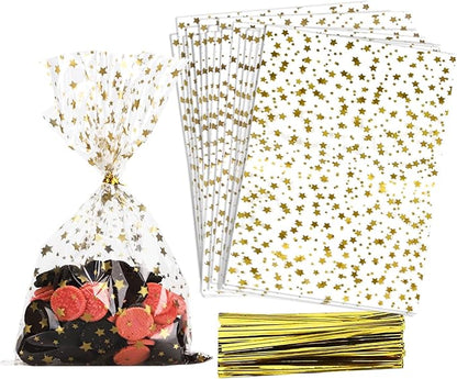 100 Pcs Star Printed 4"X6" Gift Wrap Cello Cellophane Treat Bags Party Favor by COQOFA