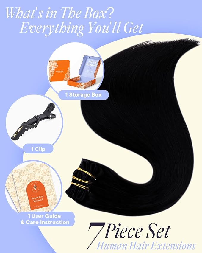 Full Shine Jet Black Clip in Hair Extensions Human Hair 22 Inch 220 G Human Hair Clip ins for Black Women for Volume 7 Pcs