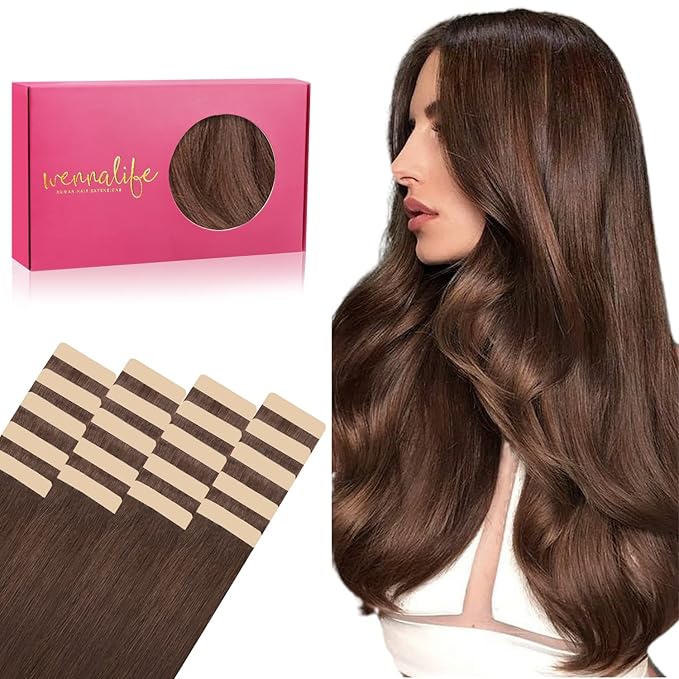 WENNALIFE Tape in Hair Extensions Human Hair, 20pcs 30g 10 inch Chocolate Brown Remy Hair Extensions Straight Human Hair Tape in Extensions Skin Weft Tape Extensions Human Hair