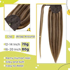 RUNATURE Ponytail Extension Human Hair, Real Hair Ponytail Extension Remy, Human Hair Ponytail Wrap Around, Remy Natural Hair Tangle Free, 18 Inch 80g #3P12 Walnut Brown Highlight Honey Blonde