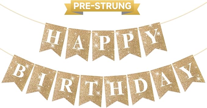 Pre-Strung Gold Happy Birthday Banner Glitter Birthday Party Banner NO DIY | by KINGLAKEGARDEN