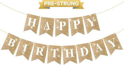 Pre-Strung Gold Happy Birthday Banner Glitter Birthday Party Banner NO DIY | by KINGLAKEGARDEN