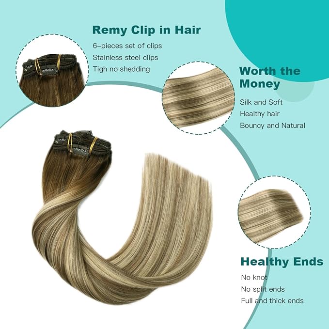 SURNEL Clip in Hair Extensions Human Hair Balayage Walnut Brown to Ash Brown and Golden Blonde Clip in Hair Extensions 14inch 6pcs 100g (#3/8/22,14'')
