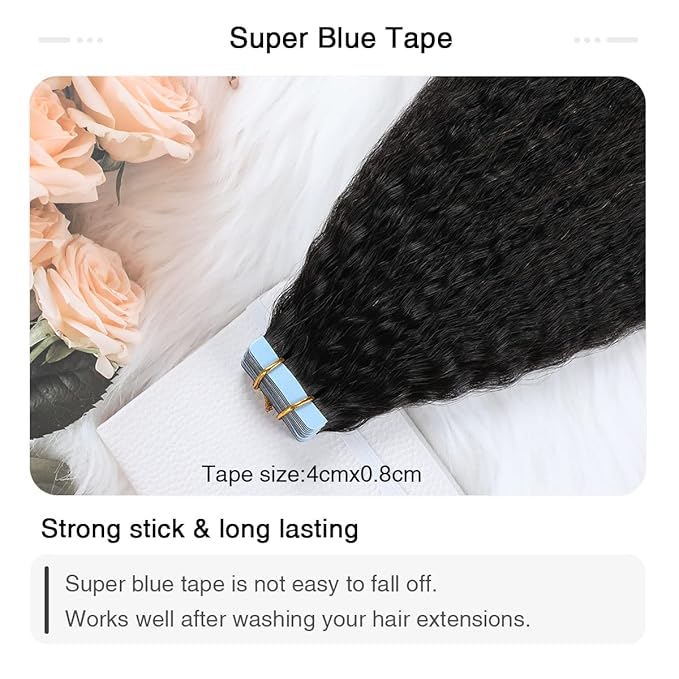 SUYYA Kinky Straight Tape in Extensions Natural Black Tape in Hair Extensions Human Hair Kinky Straight 12 Inch Skin Weft 40g/Pack 20PCS Tape INS for Women(#1B Natural Black)