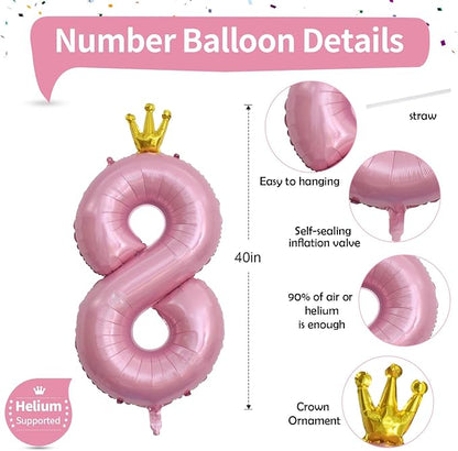 40 Inch Pearl Pink Number Balloons, Big Crown Foil Number 8 Balloons - Image 2