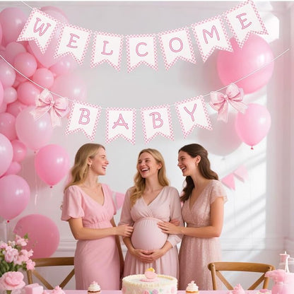 2pcs Welcome Baby Banner, Pre-Strung Pink Bow Welcome Baby Sign Hanging Banner - Image 5