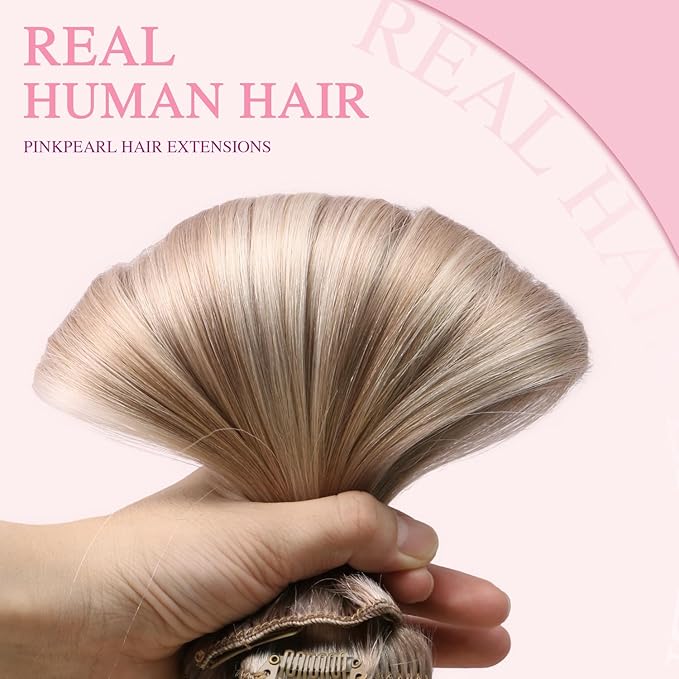PINKPEARL Clip in Hair Extensions #18P1000 Ash Blonde Highlighted Gray Blonde 7pcs 20 Inch 120g Real Remy Hair Extensions Clip in Human Hair(#18P1000-20)