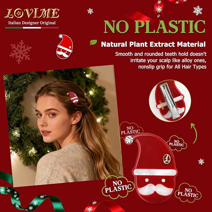 Premium Christmas Hair Clips for Women, Small Cute Acetate Hair Duckbill Clips for Girls, Kids Hair Accessories for Girls with Gift Box-SANTA SMILES