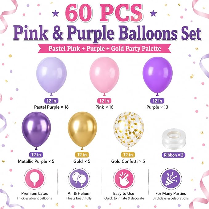 Pink and Purple Balloons, Metallic Purple, Women Girls Baby Bridal Showers - Image 2