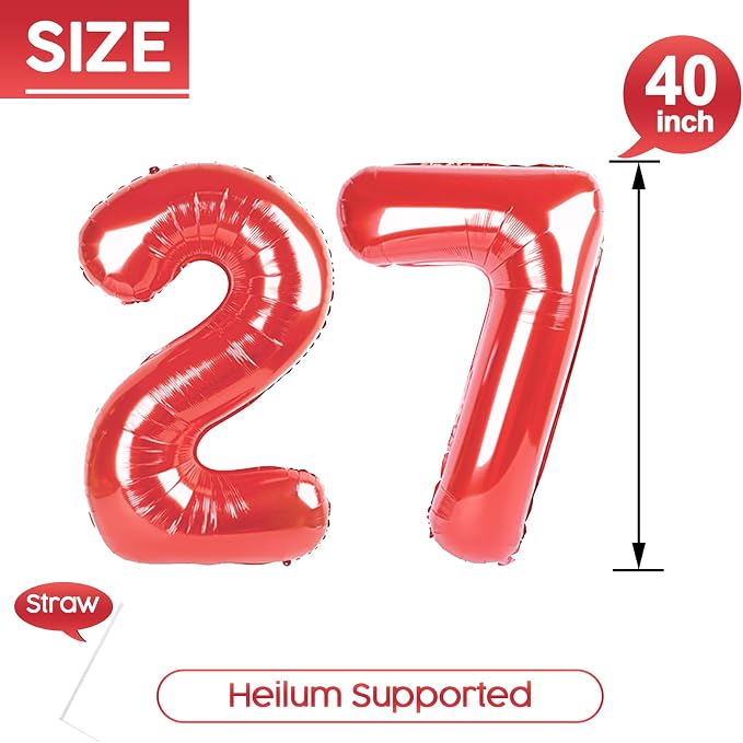 27 Balloon - Red Birthday Number Balloons, 40 Inch Decorations Men Women | Red - Image 5