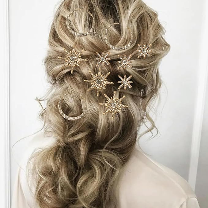 6 Pieces Rhinestone Stars Moon Hair Clips Vintage Star Hairpins Crystal Decorative Bobby Pins Metal Alloy Hair Pins Snowflake Side Clip Hair Accessories for Women Girls (Gold)