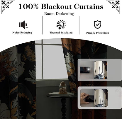 Tyrot Black Boho Floral 100% Blackout Curtains - Image 2