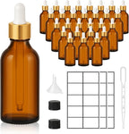 28 Pack 2oz Amber Glass Dropper Bottles with Gold Lids, Funnels, Droppers, Extra Caps & Labels – Leakproof, UV Resistant 60ml Empty Bottle for Tinctures, Essential Oils, Beard & Hair Oils