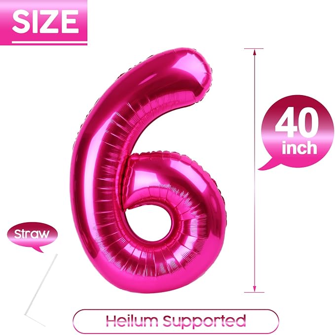 6 Balloon - Hot Pink Birthday Number Balloons, 40 Inch Party Decorations | Hot - Image 5