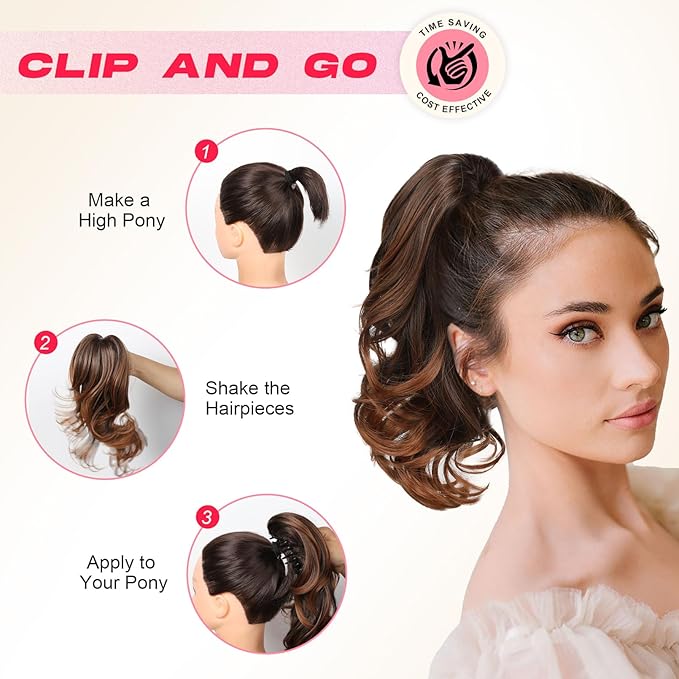 Ponytail Extension - 14" Claw Clip in Ponytail Hair Extensions Natural Soft Synthetic Layered Wavy Pony Tail Hair Pieces for Women - Ash Brown with White Ends