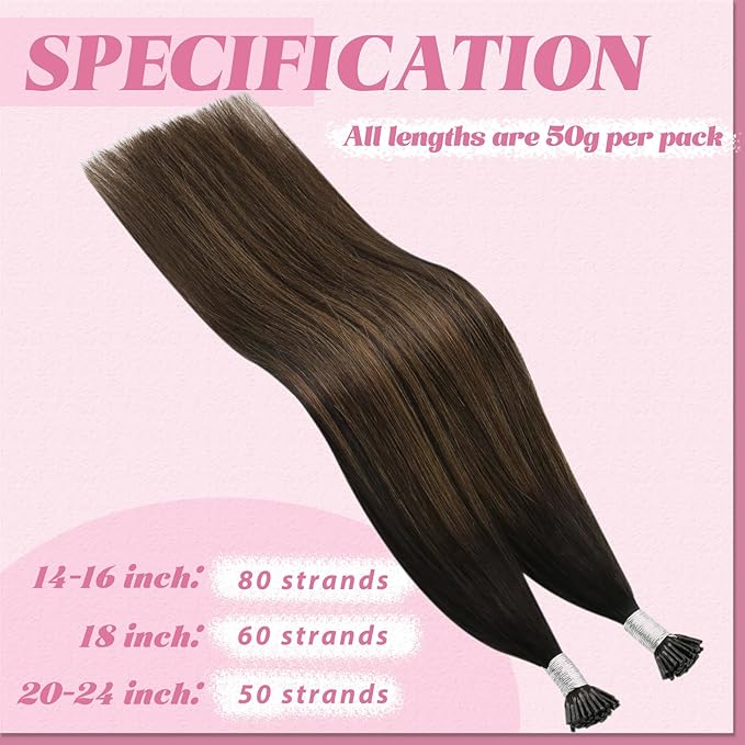 YoungSee I Tips Hair Extensions Human Hair Brown Itip Hair Extensions Balayage Dark Brown Itips Hair Extension Real Human Hair 20 Inch Ombre Real Hair Extension for Women 50g 50s