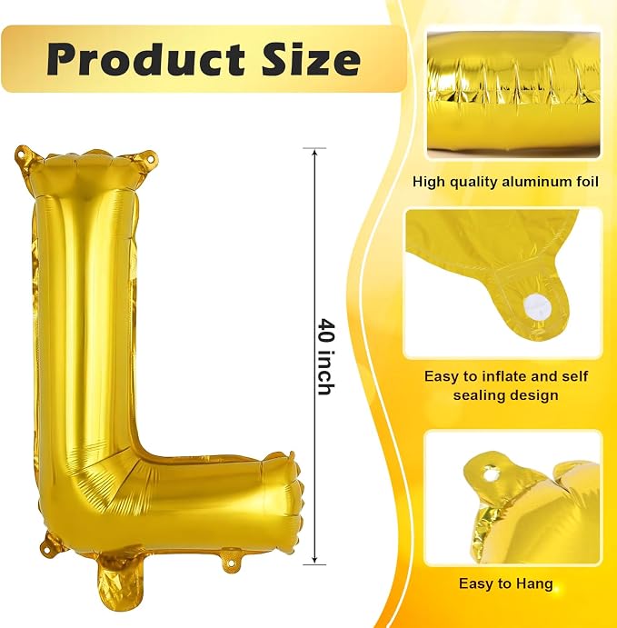 Gold Letter L Balloons, 40 Inch Large Foil Letter Balloons, Custom Phrase - Image 2