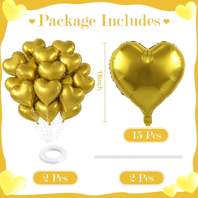 TONIFUL 15 Pack 18 Inch Matte Gold Heart Foil Balloons – Metallic Mylar Heart - Image 2