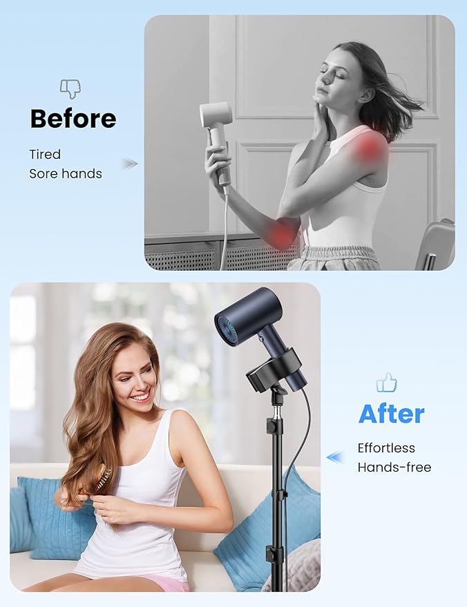Hair Dryer Stand Hands Free, 20-63 Inch Adjustable Hair Dryer Holder with Tripod & Universal Clip, Blow Dryer Stand for Bathroom Salon Home, Perfect for Long Hair & Stylists