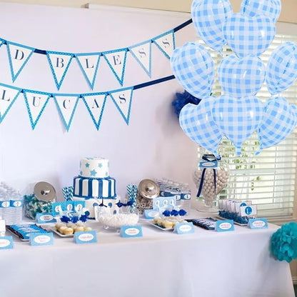 TONIFUL 15 Pcs Blue Gingham Heart Balloons 18 Inch Heart Shape Foil Balloon | - Image 4