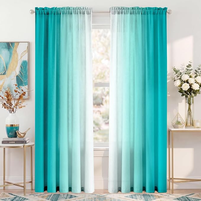 Turquoise Curtains for Living Room 84 Inch Length Teal Ombre Curtains 2 Panel by XFLINGBAO