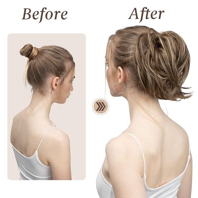 SARLA Messy Hair Bun Hair Pieces Curly Synthetic Updo Fake Scrunchies Ponytail Extension for Women Dark Brown/Golden Blonde 1PCS