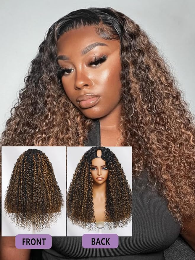 YIROO EasiContour V Part Wigs Ombre Brown Glueless Human Hair Upgrade U Part Wig with Dark Roots Highlight V Shape Clip Wigs Beginner Friendly with Drawstring Ready to Wear Chestnut Brown Color 20Inch