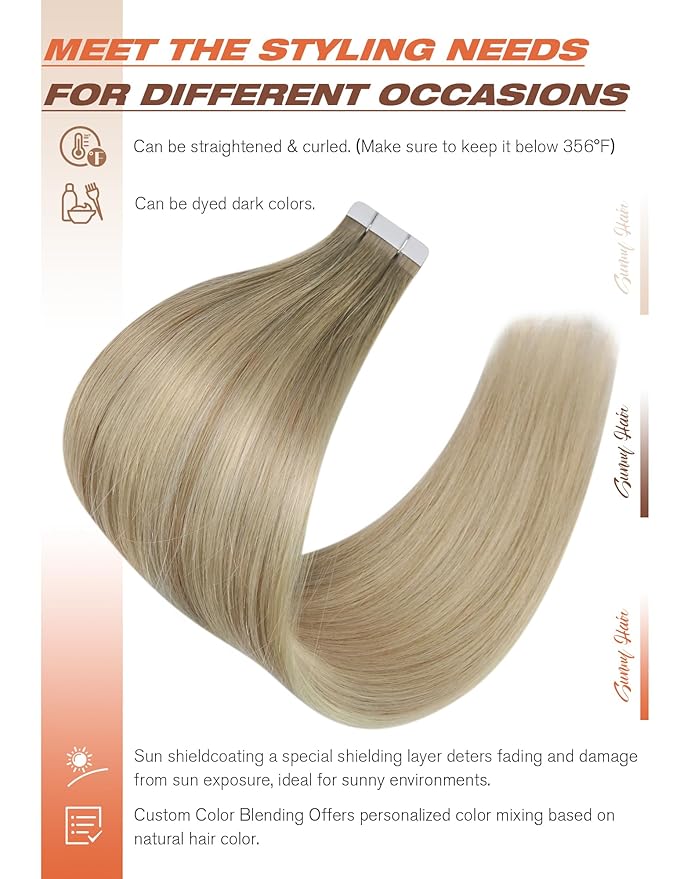 Sunny Hair Tape in Hair Extensions Real Human Hair Invisible Remy Hair Extensions Tape ins for Women Ash Blonde Root to Platinum Blonde Balayage 24 inch 20Pcs 50G