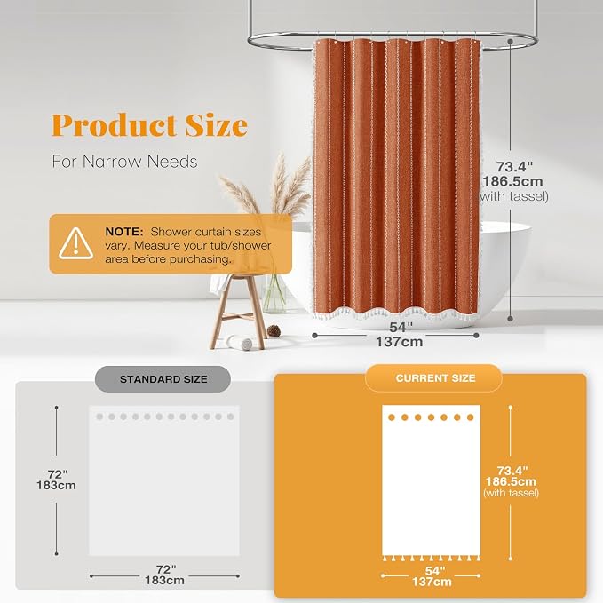 54 x 72 Boho Linen Heavy Duty Cloth Shower Curtain Set, Burnt Orange | Small - Image 3