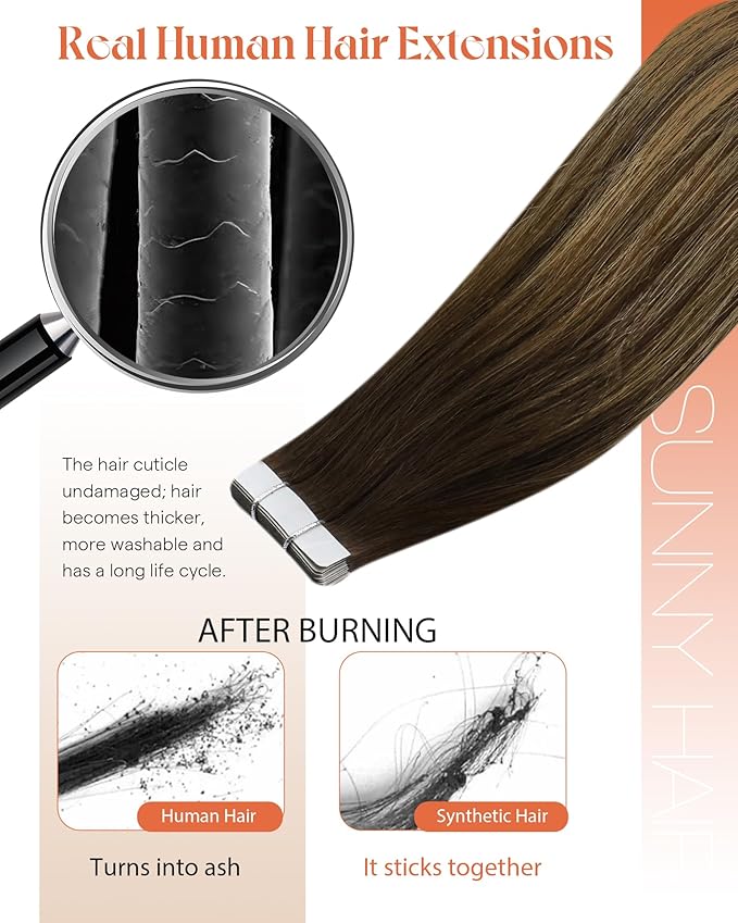 Sunny Hair Tape in Extensions for Women Real Hair 16 inch 100g Tape in Hair Extensions Human Hair Dark Brown Balayage Caramel Blonde Hair Extensions Tape in 40Pcs