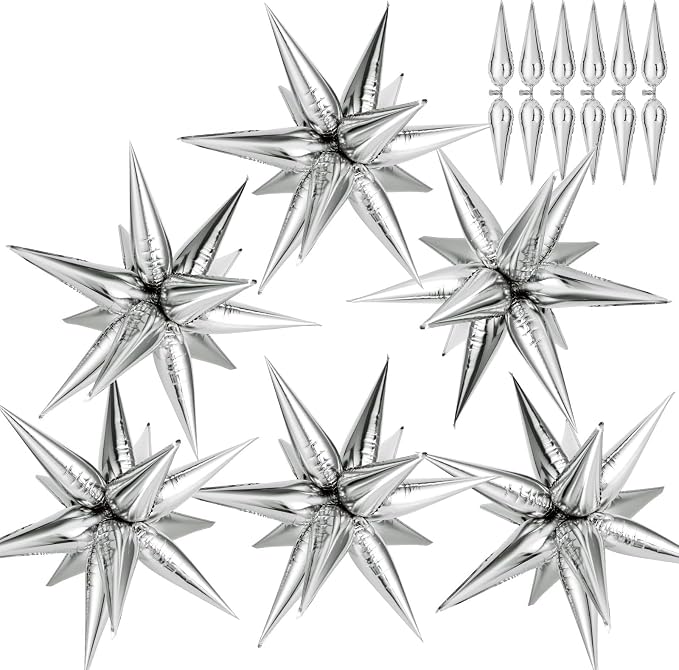 74 PCS Silver Star Balloons, 12 Point Star Foil Mylar Balloons Spike Explosion by GCTWFYK