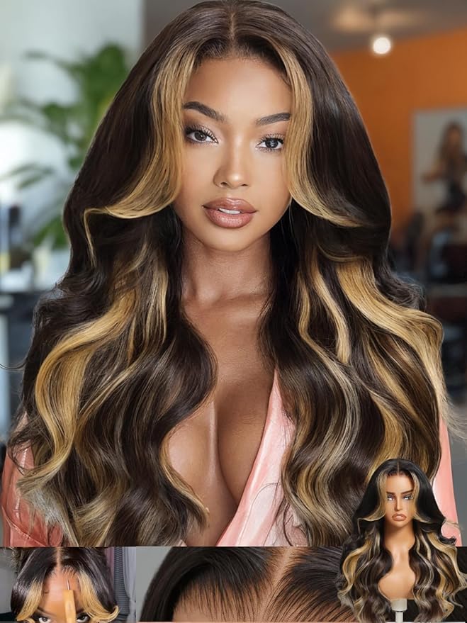 KLAIYI Ombre Highlight Blonde Loose Body Wave Bye Bye Knots Glueless Wigs Human Hair 7x5 Precut Lace Front Pre Plucked Bleached Ready to Wear Go Wig with Face Framing Curtain Bang Caramel Brown 26Inch