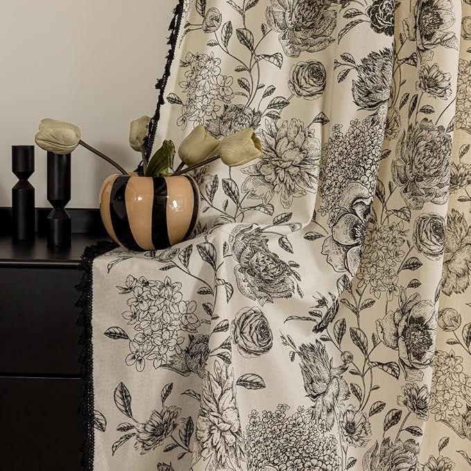 F-CHU Black Floral Farmhouse Curtains Living Room Drapes 84 Inch Length Cotton - Image 7