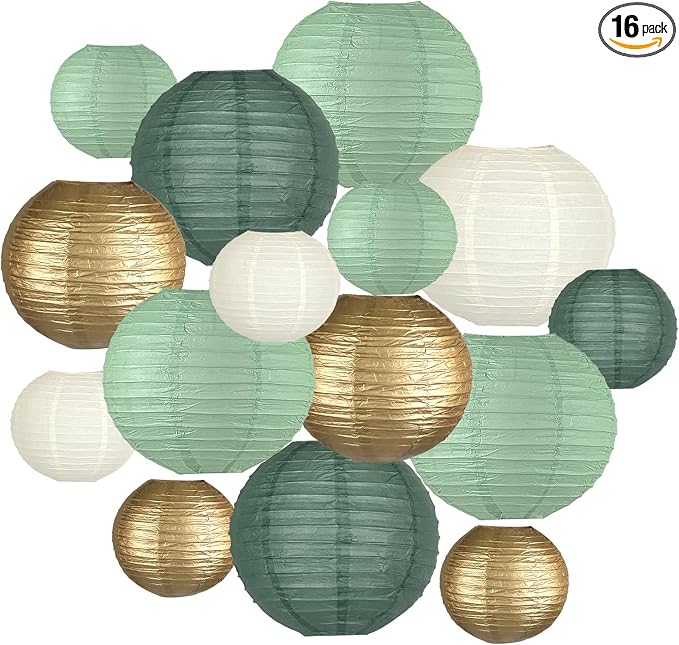 15-Pack Sage Green Gold Paper Lanterns Party Decorations | Assorted 6, 8 & by KAXIXI