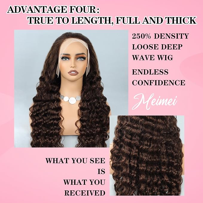 MEIMEI 250% Density HD Full Lace Front Wigs Human Hair Loose Deep Wave Chocolate Brown 15A Grade Real Full Large Lace Space Brown 13x4 Loose Wave Lace Frontal Wigs Human Hair Pre Plucked 34 Inch
