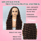 MEIMEI 250% Density HD Full Lace Front Wigs Human Hair Loose Deep Wave Chocolate Brown 15A Grade Real Full Large Lace Space Brown 13x4 Loose Wave Lace Frontal Wigs Human Hair Pre Plucked 34 Inch
