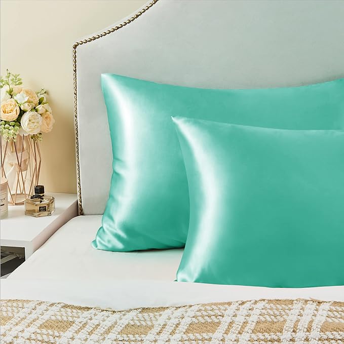 BEDELITE Satin Pillowcase for Hair and Skin, Super Soft and Cooling Similar to Silk Pillow Cases 2 Pack with Envelope Closure, Gift for Women Men(20"x26" Standard Size, Turquoise)