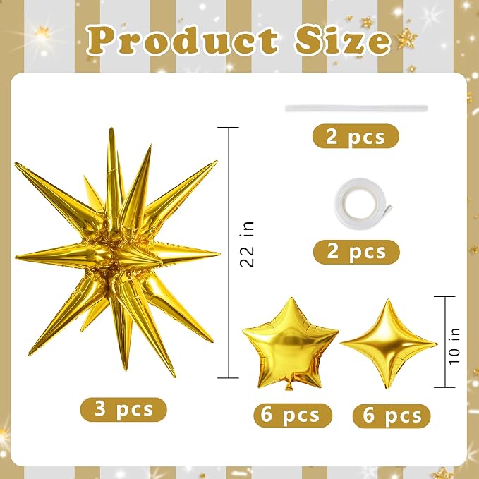 TONIFUL 22Inch 15Pcs Gold Large Explosion Star Mylar Balloons and 10Inch Four - Image 2