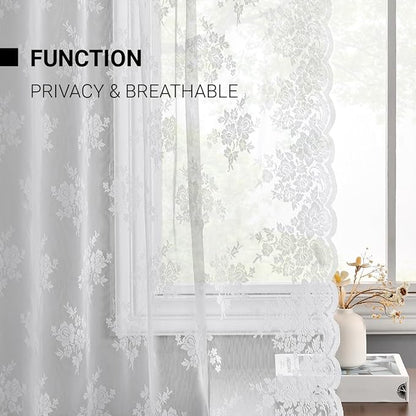 Kotile White Lace Curtains for Bedroom Rustic Floral 52 x 63 Inch, 2 Panels | - Image 4