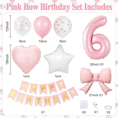 6th Pink Bow Birthday Decorations, 6th Birthday Balloon | Pink White Pastel Bow - Image 2