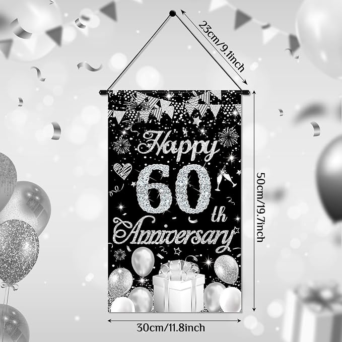 60th Anniversary Decorations Small Banner Black Silver Happy 60th Anniversary - Image 3