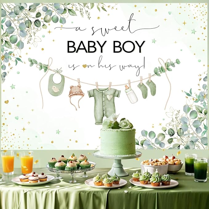 InMemory Sage Green Baby Shower Backdrop Oh Baby Clothes Welcome Newborn Party - Image 2