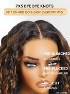 Julia Hair Ombre Brown Water Wave Glueless Wig Human Hair 7x5 HD Lace Closure with Invisible Drawstring Pre Plucked Bleached Highlight Balayage Colored Curly Wigs Put On And Go 16 Inch