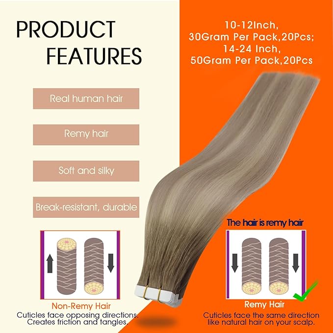 Full Shine Tape in Extensions Human Hair 20Inch Tape in Hair Extensions Balayage Color 8 Ash Brown Ombre 18 Ash Blonde And 60 Platinum Blonde Human Hair Extension 50G 20pcs Seamless Skin Weft Tape ins